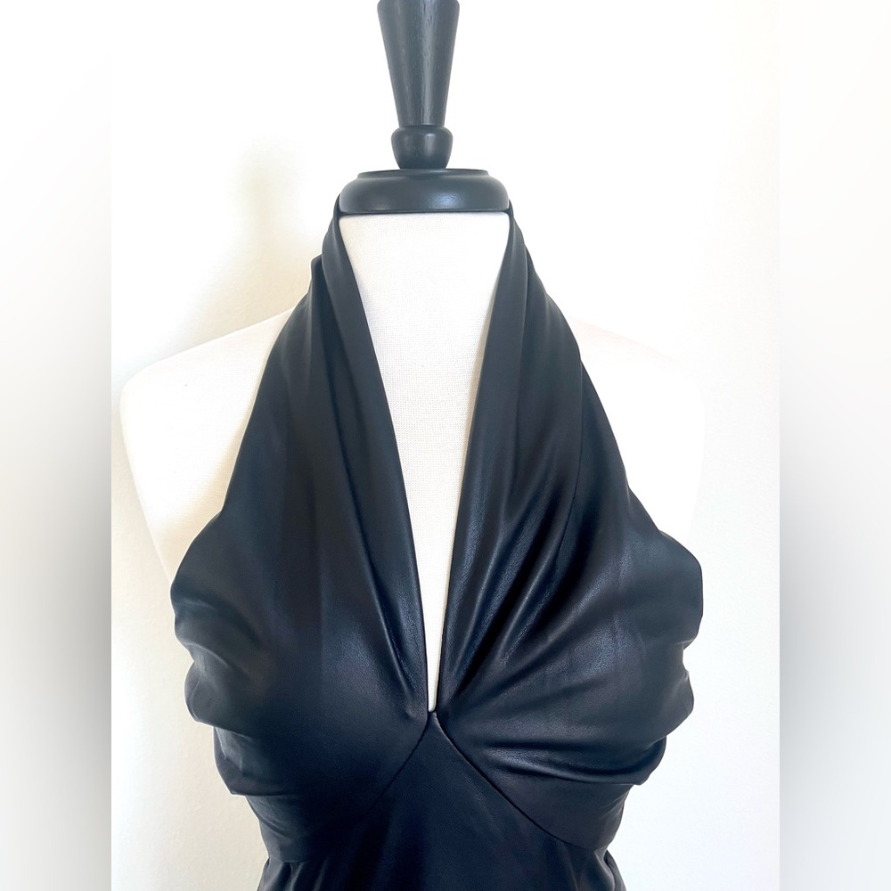 MILLY Women’s Raven Black Vegan Faux Leather Halter Neck Sz 6 Midi Dress BNWT - Picture 9 of 15